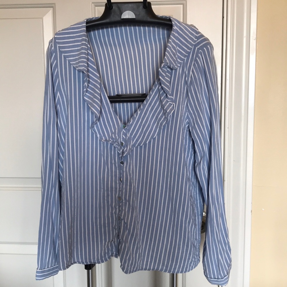 Zara light blue striped ruffled blouse
